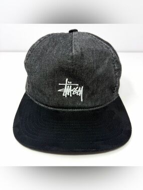 Stussy Classic Logo Baseball Cap Leather Strapback Hat Grey Black Sueded Bill